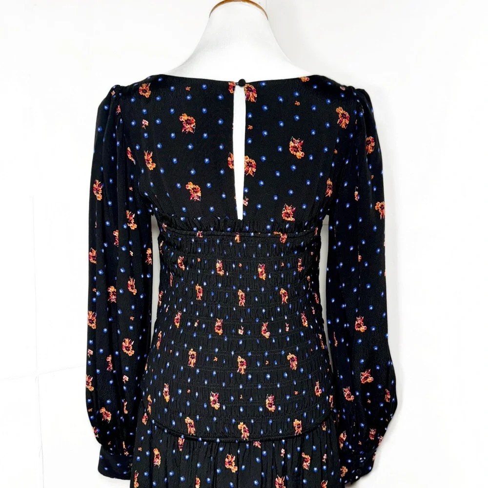 Free People Smocked Floral Celestial Star Black Long Sleeve Skater Mini Dress - Picture 10 of 14